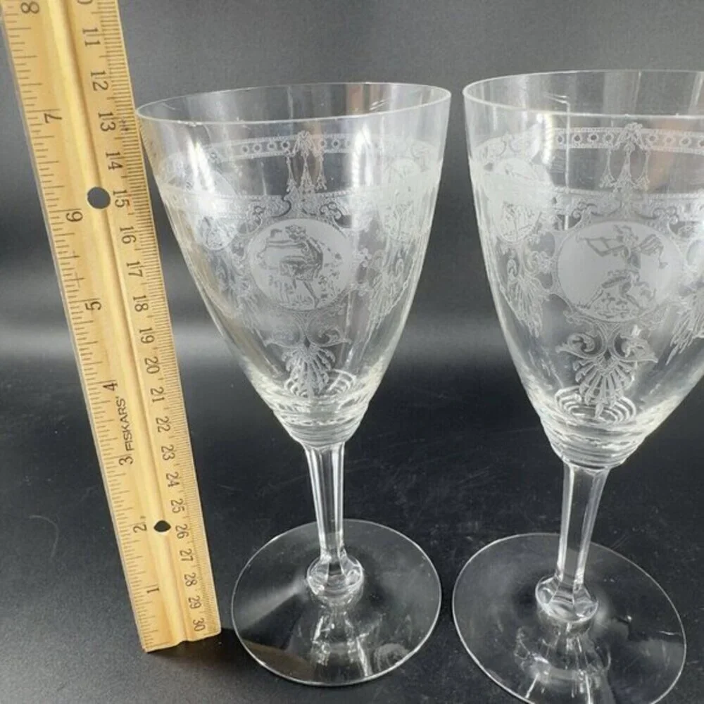 Heisey Pied Piper Etched Crystal Water Goblet Delicate Stemware Glasses Set‎ 2